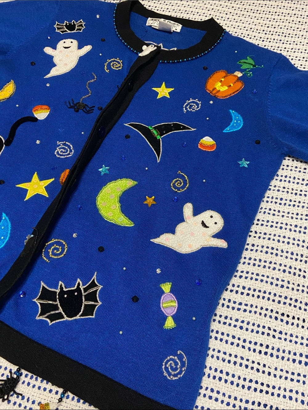 Jack B Quick Halloween Cardigan features Charms Beads patches Size Small - Picture 13 of 15